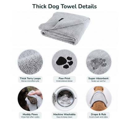Thick dog towel features infographic