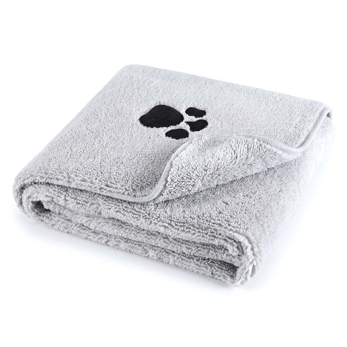 Grey thick microfibre dog towel with embroidered paw print