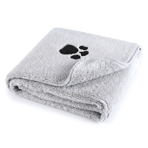 Grey thick microfibre dog towel with embroidered paw print