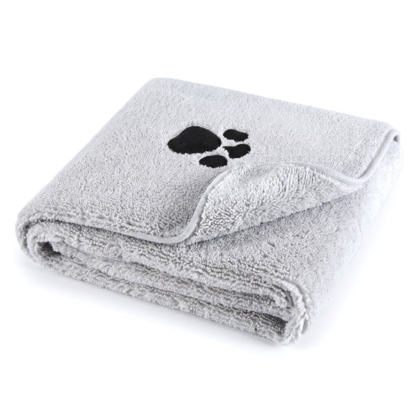 Grey thick microfibre dog towel with embroidered paw print