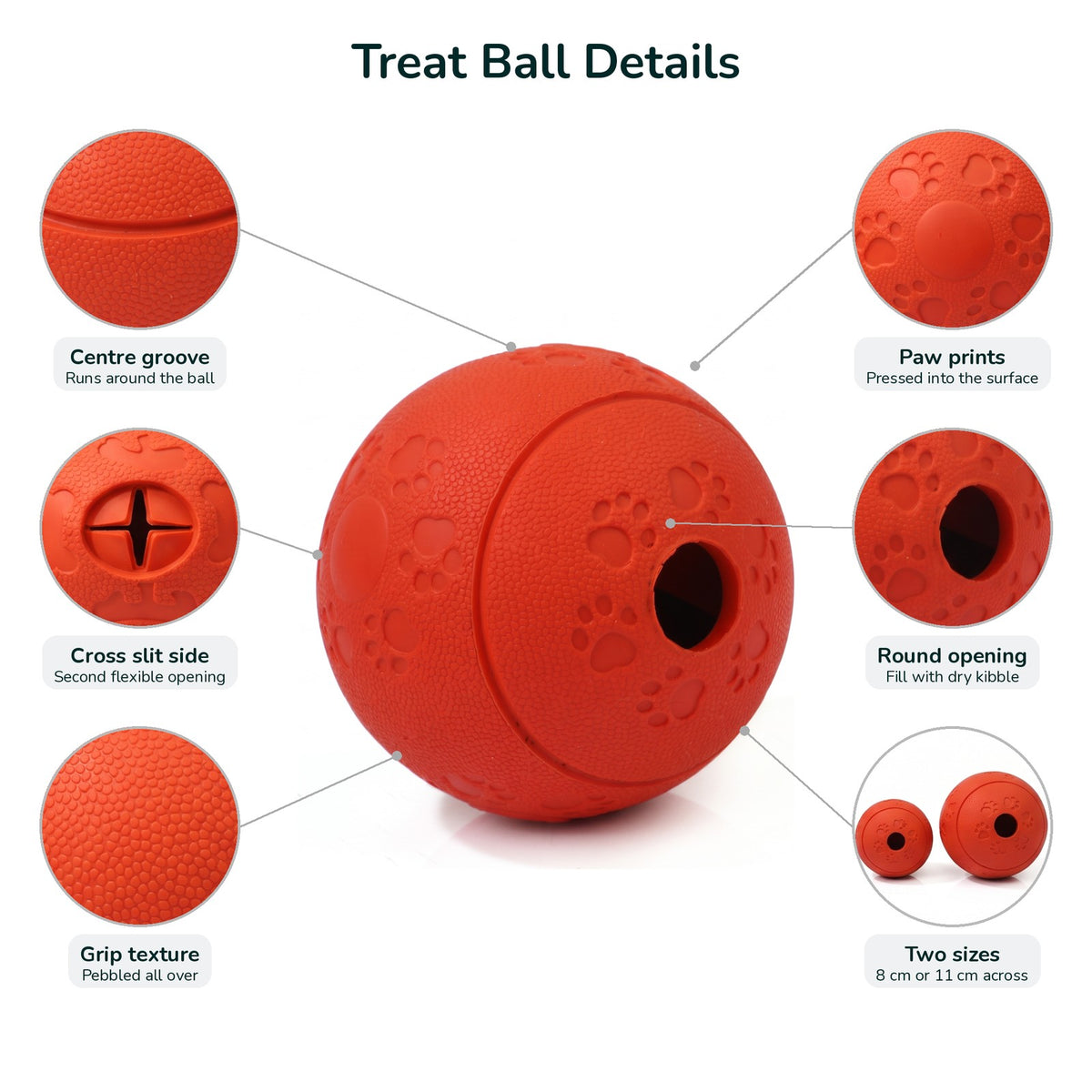Treat dispensing dog ball details: round opening, cross slit side, grip texture, paw prints, centre groove and two sizes