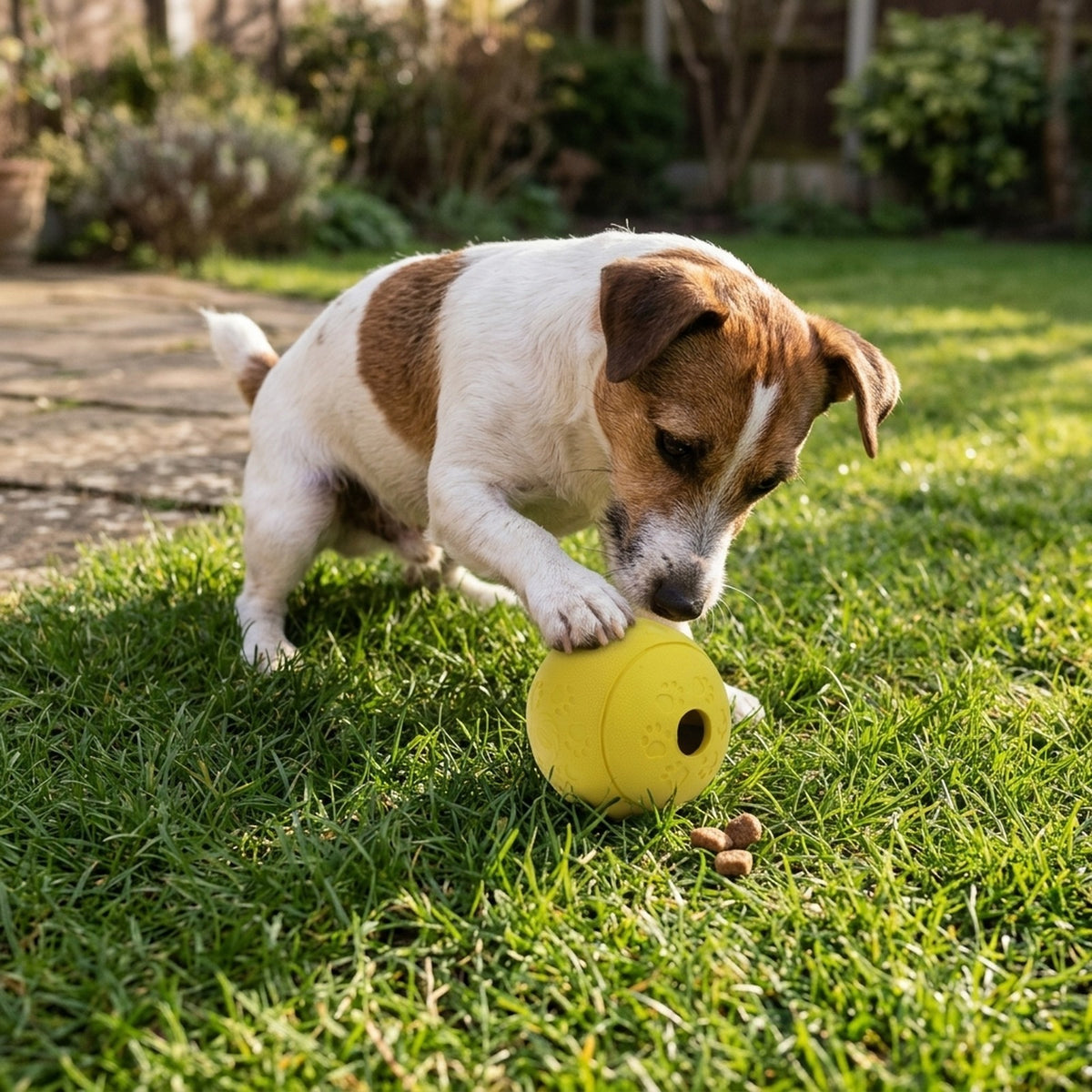 Jack Russell Terrier pawing the small yellow treat dispensing dog ball on a garden lawn
