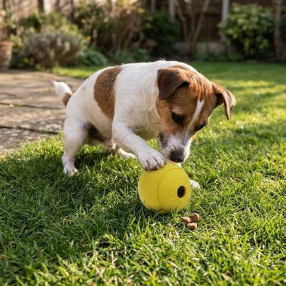 Jack Russell Terrier pawing the small yellow treat dispensing dog ball on a garden lawn
