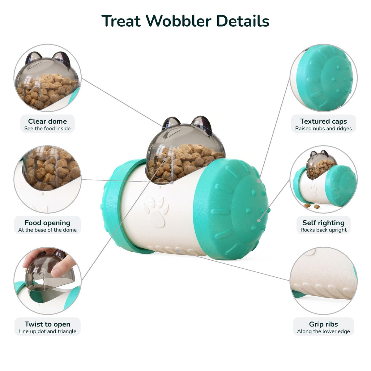 Treat dispensing wobbler details: clear dome, food opening, twist to open, textured caps, self righting and grip ribs