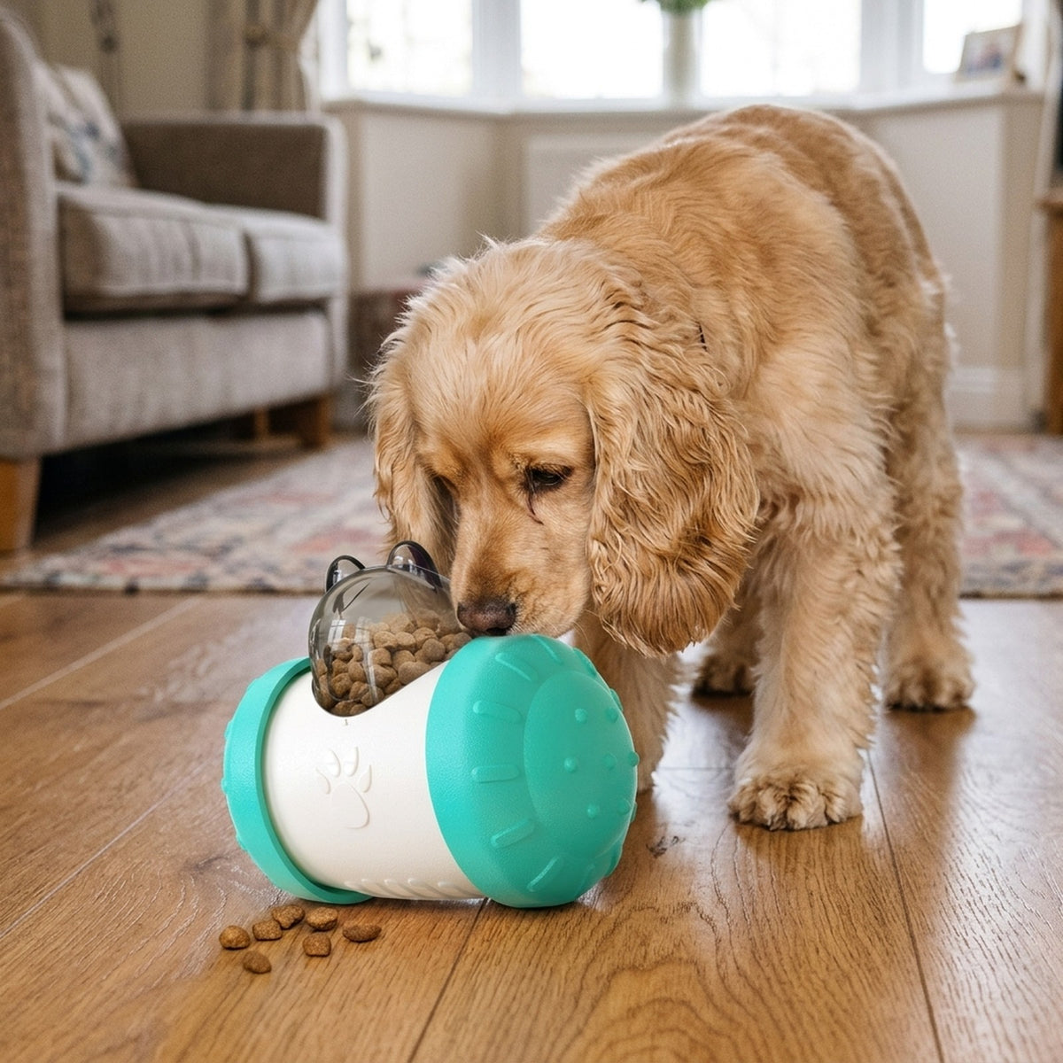 Cocker Spaniel nudging the blue treat dispensing wobbler on a wooden floor as kibble drops out