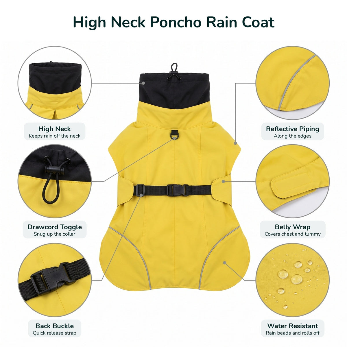 Poncho dog rain coat details: high neck, drawcord toggle, back buckle, reflective piping, belly wrap, water resistant fabric