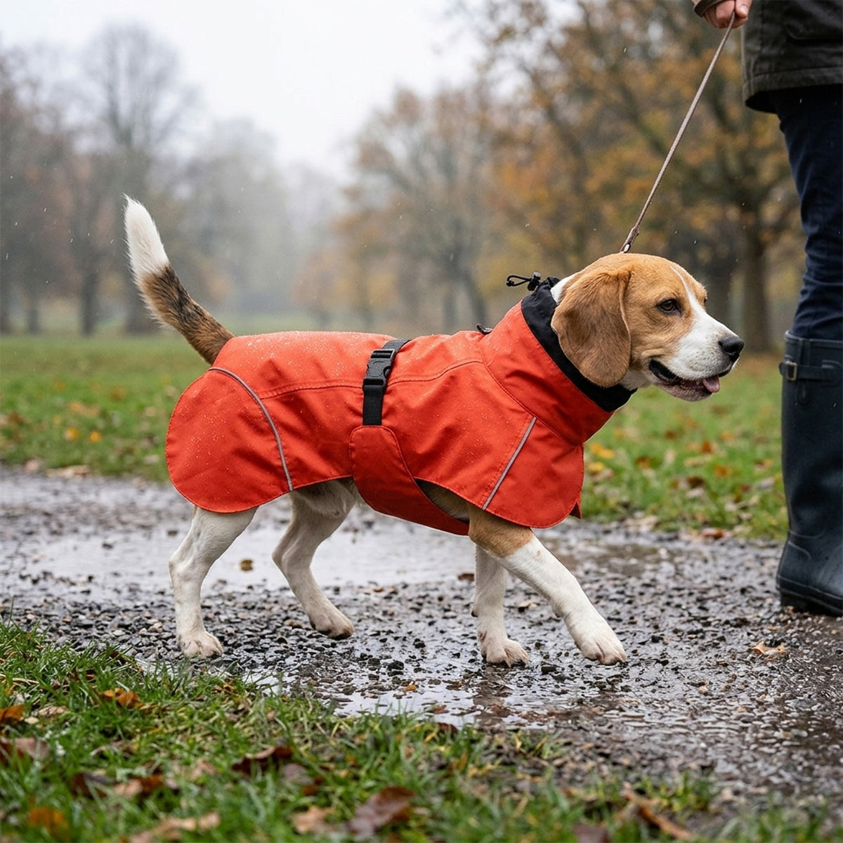 Beagle in an orange red dog rain coat on a wet park walk