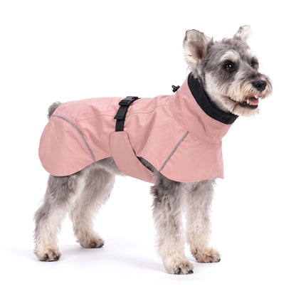 Pink high neck dog rain coat on a Miniature Schnauzer