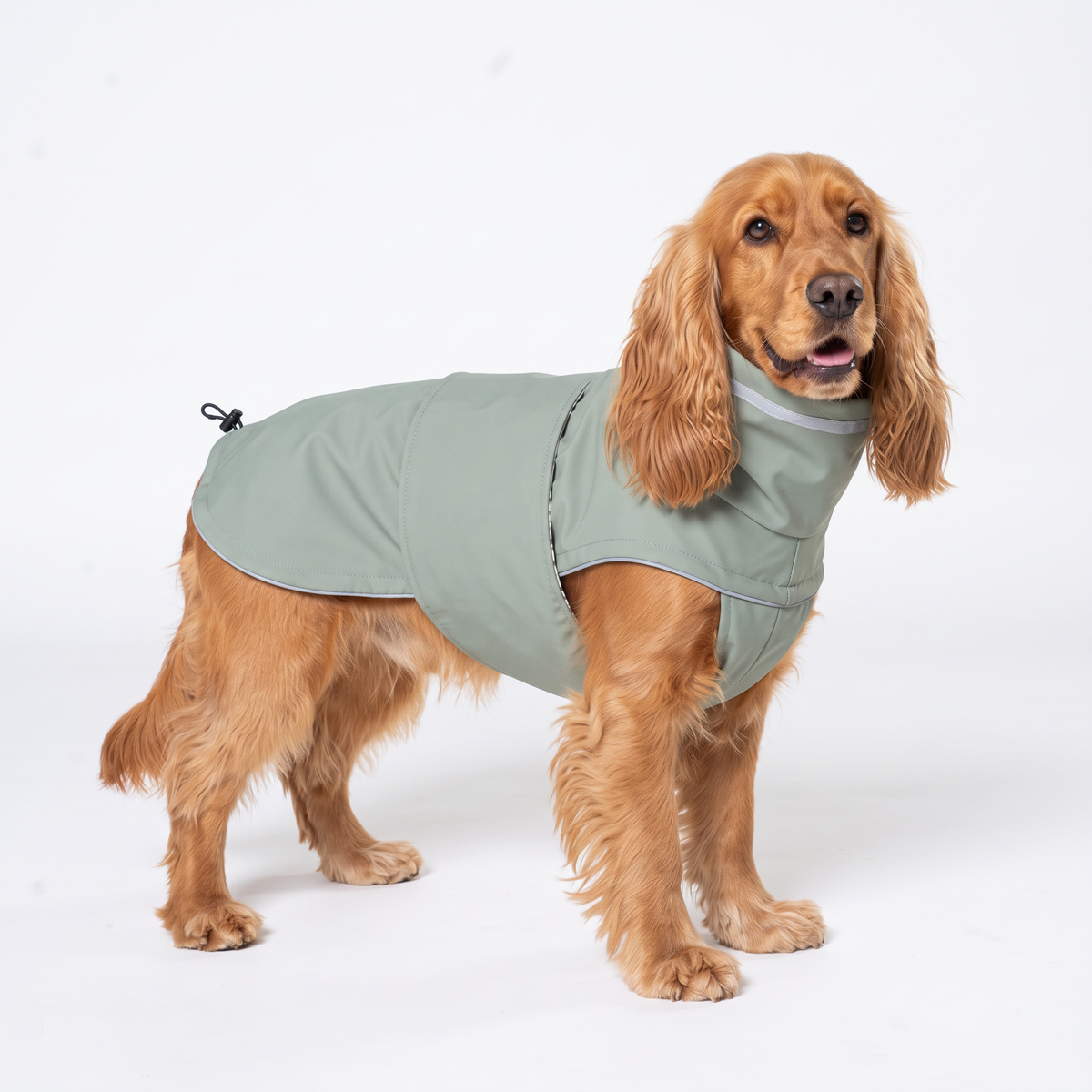 Cocker Spaniel wearing green waterproof high-neck dog raincoat
