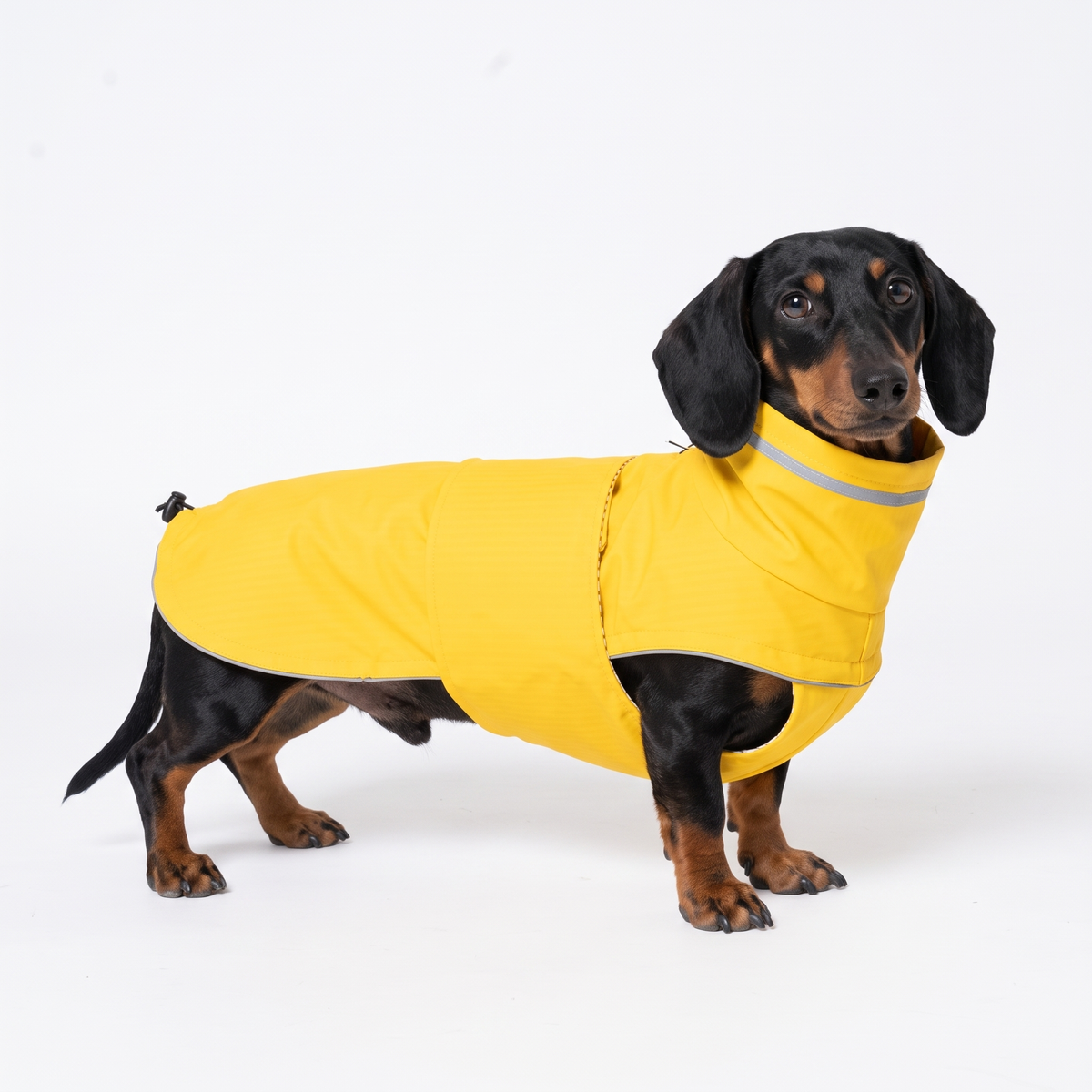 Miniature Dachshund wearing yellow waterproof high-neck dog raincoat