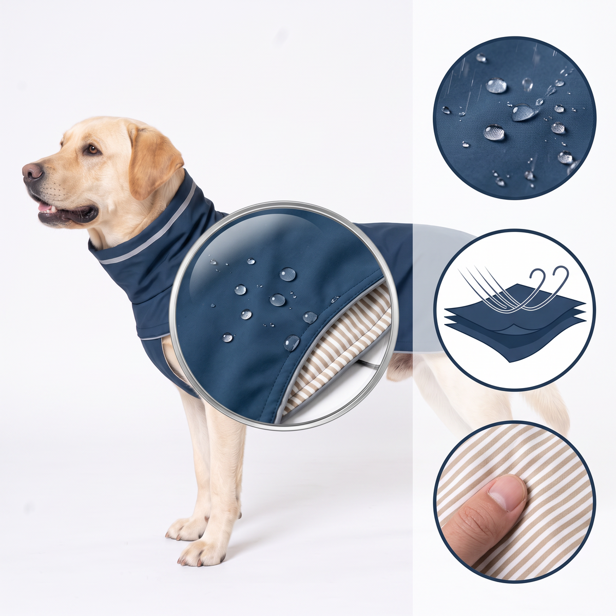 Close-up of water beading on dog raincoat fabric and soft striped lining