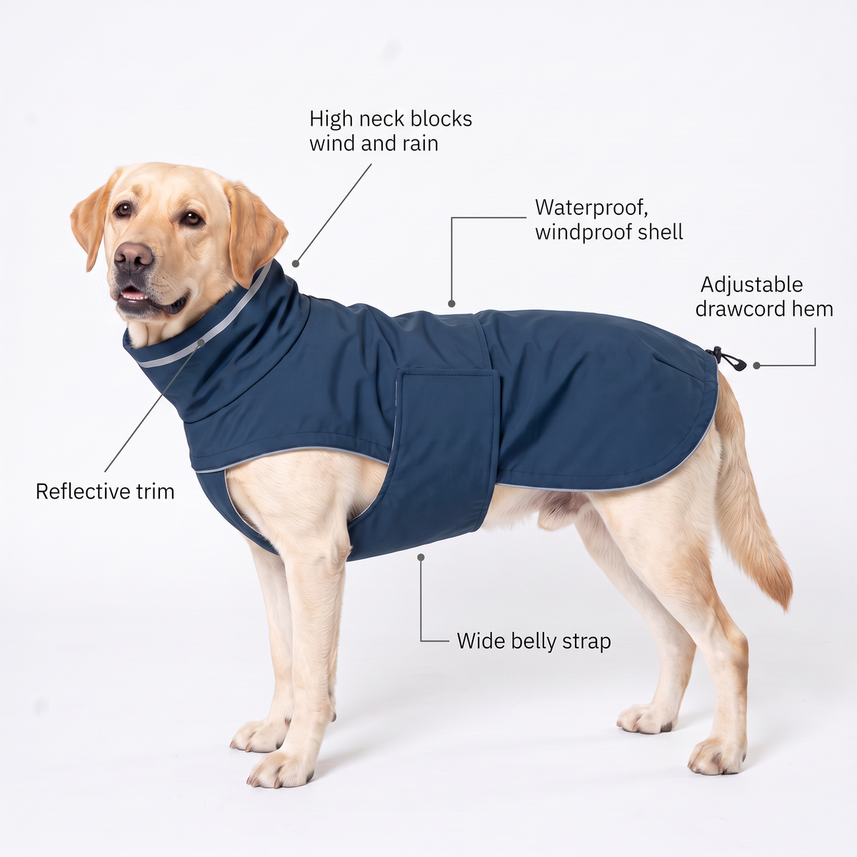 Dog raincoat features: waterproof windproof shell, high neck, reflective trim, wide belly strap, adjustable drawcord hem