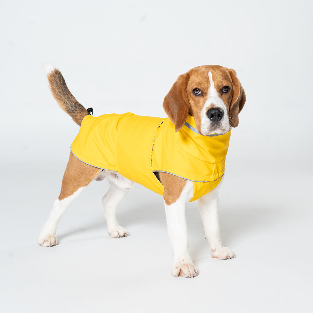 Beagle wearing yellow waterproof high-neck dog raincoat