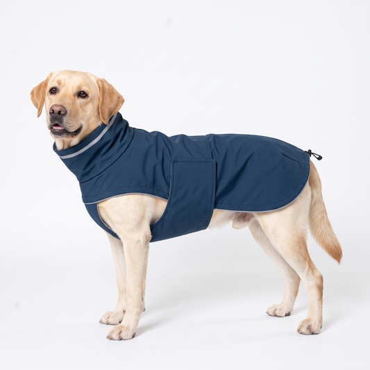 Labrador wearing dark blue waterproof high-neck dog raincoat