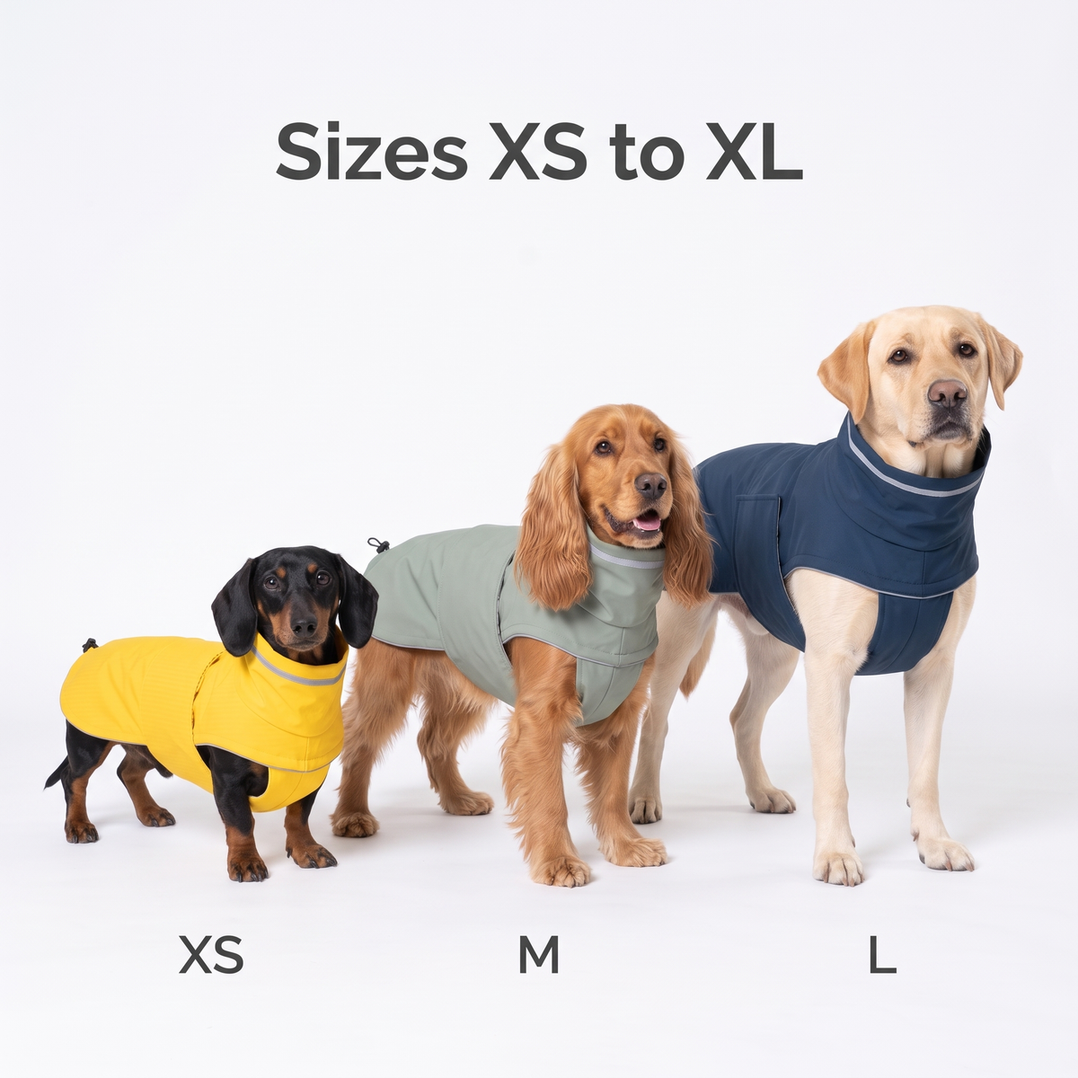 Dog raincoat sizes XS to XL shown on Dachshund, Cocker Spaniel and Labrador