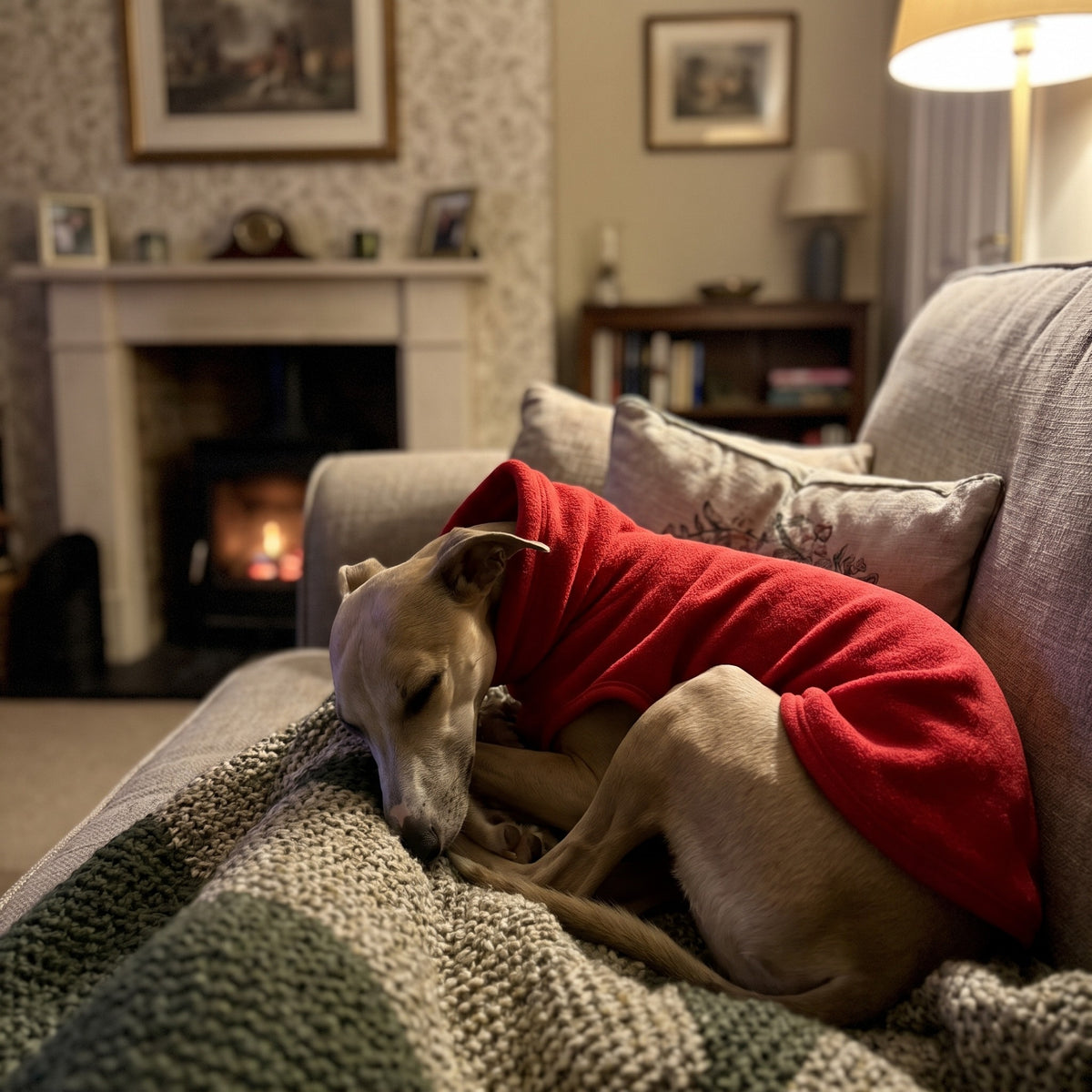 Whippet asleep on the sofa in a red fleece jumper used as dog pyjamas