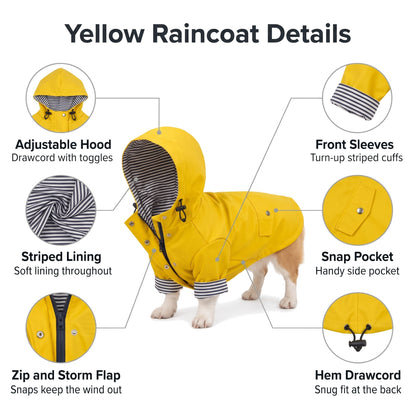 Yellow dog raincoat details: adjustable hood, striped lining, zip and storm flap, front sleeves, snap pocket, hem drawcord