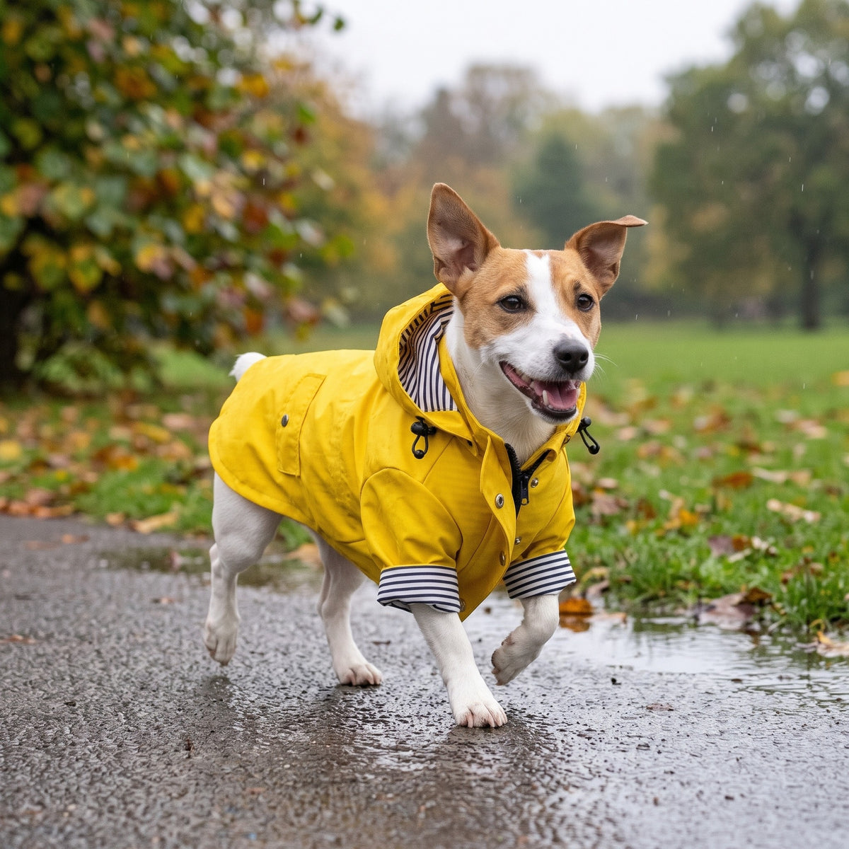 Jack Russell Terrier in the yellow dog raincoat on a wet park path