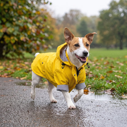 Jack Russell Terrier in the yellow dog raincoat on a wet park path
